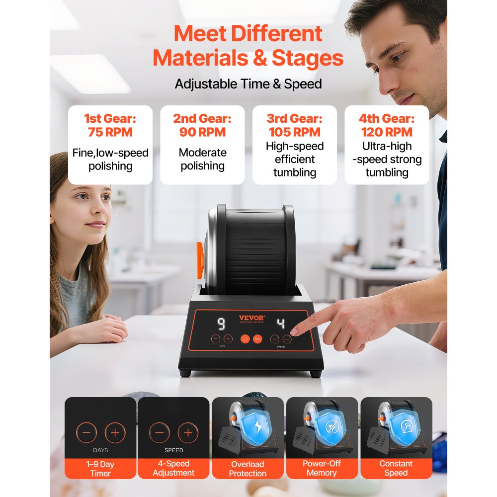 VEVOR electric polishing machine, stone polisher, 1.81 kg load capacity, 4 speed settings, stone polishing set with 9-day polishing timer, intuitive control panel, overload protection, and adapter, black