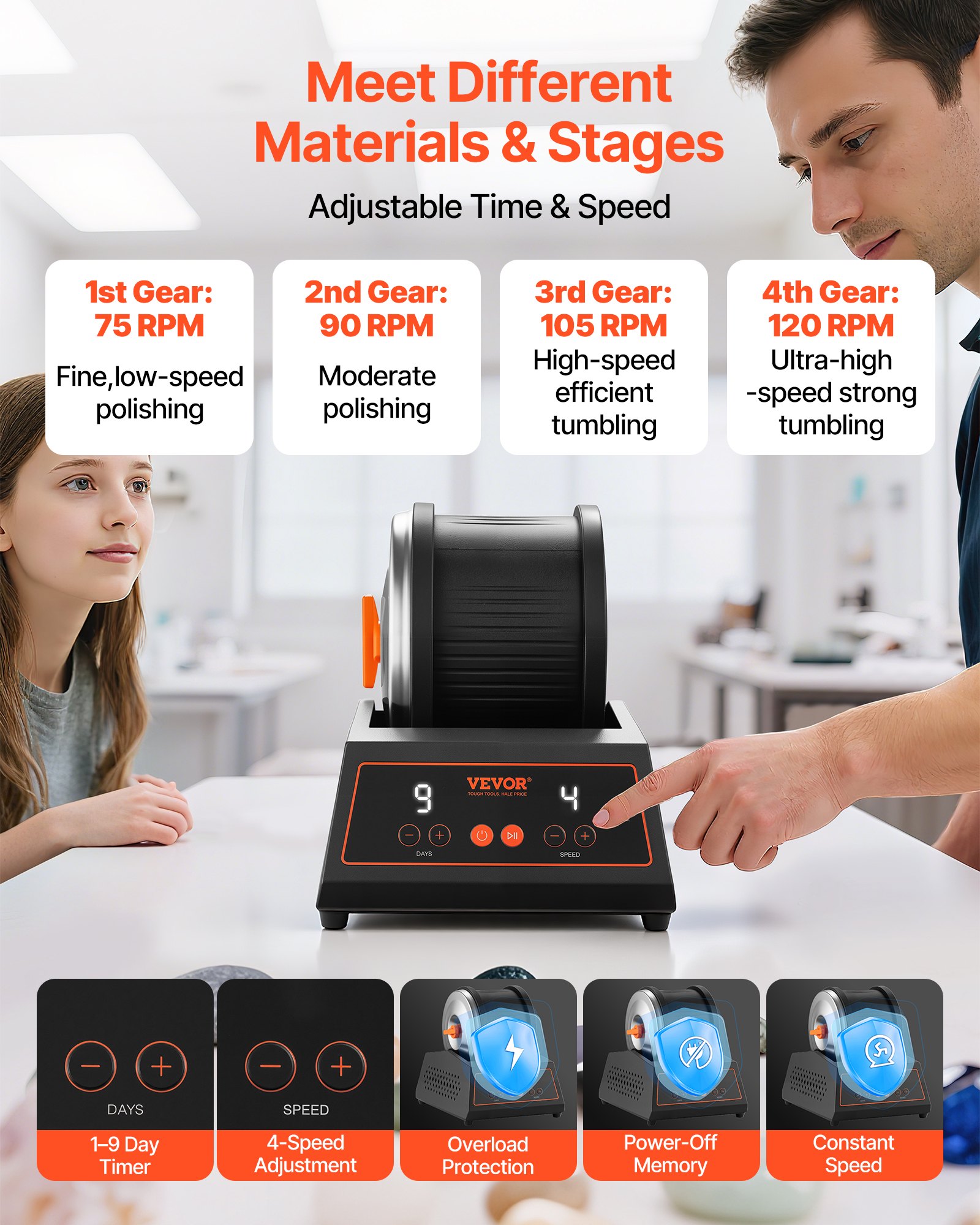 VEVOR electric polishing machine, stone polisher, 1.81 kg load capacity, 4 speed settings, stone polishing set with 9-day polishing timer, intuitive control panel, overload protection, and adapter, black