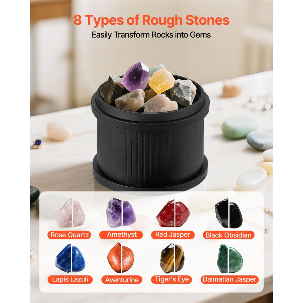 VEVOR electric polishing machine, stone polisher, 1.36 kg load capacity, 4 speed settings, stone polishing set with raw gemstones & polishing grains & 9-day polishing timer & intuitive control panel, black