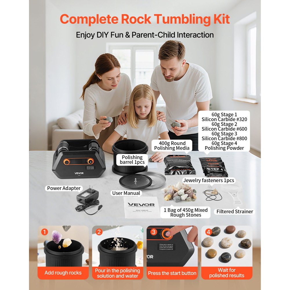 VEVOR electric polishing machine, stone polisher, 1.36 kg load capacity, 4 speed settings, stone polishing set with raw gemstones & polishing grains & 9-day polishing timer & intuitive control panel, black