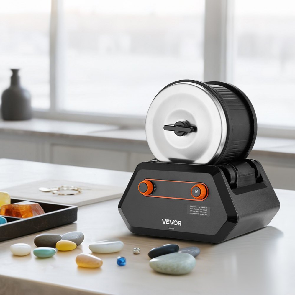 VEVOR electric polishing machine, stone polisher, 1.36 kg load capacity, 4 speed settings, stone polishing set with raw gemstones & polishing grains & 9-day polishing timer & intuitive control panel, black