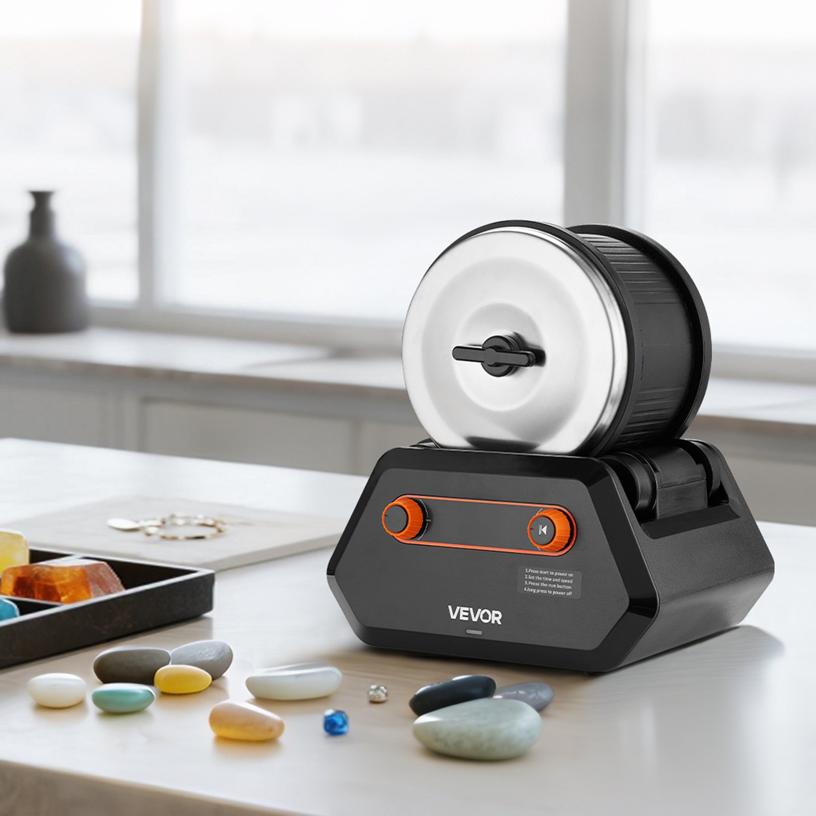 VEVOR electric polishing machine, stone polisher, 1.36 kg load capacity, 4 speed settings, stone polishing set with raw gemstones & polishing grains & 9-day polishing timer & intuitive control panel, black