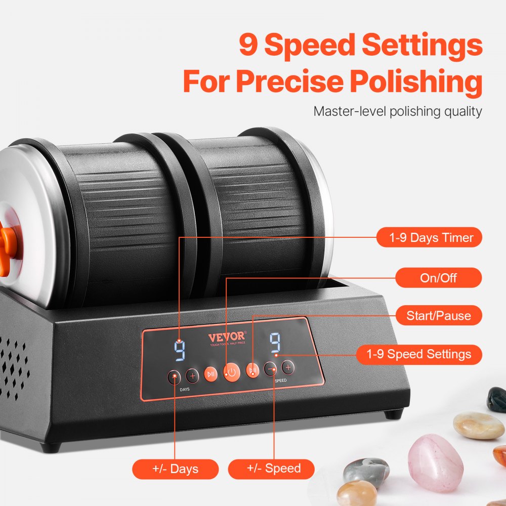 VEVOR Rock Tumbler Machine, 8 lbs Large Capacity Dual Barrels Rock Polishing Machine, 9 Speed Settings 9-Day Polishing Timer Stone Tumbler, Direct Drive Motor, 35dB Silent Rotary Polisher, Black
