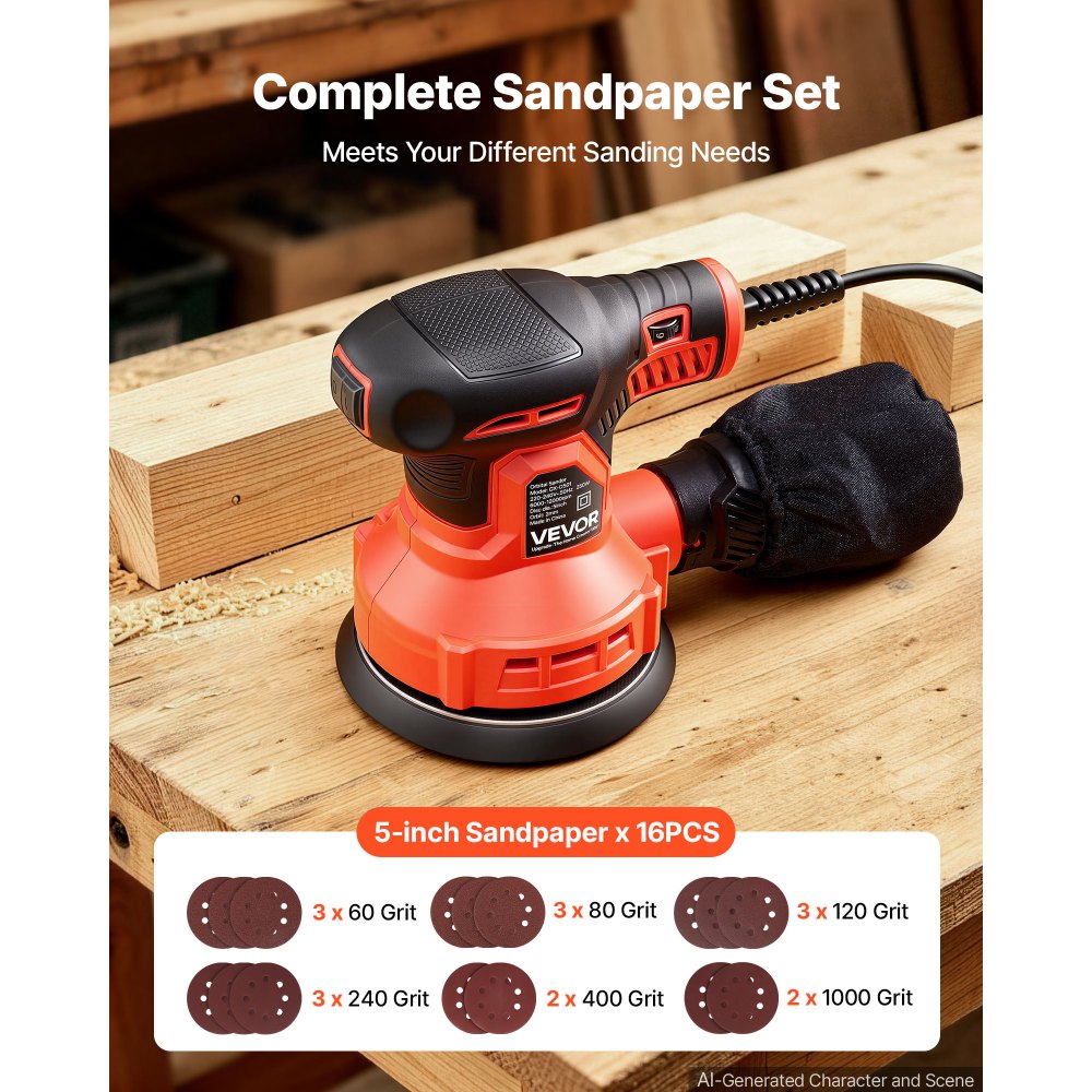 VEVOR 250W excentrische schuurmachine 127 mm elektrische houtschuurmachine, 6000-12000 tpm, 6-traps snelheidsregeling, 16 schuurvellen, stofzak, 3 m netsnoer, handzame schuurmachine voor houtbewerking