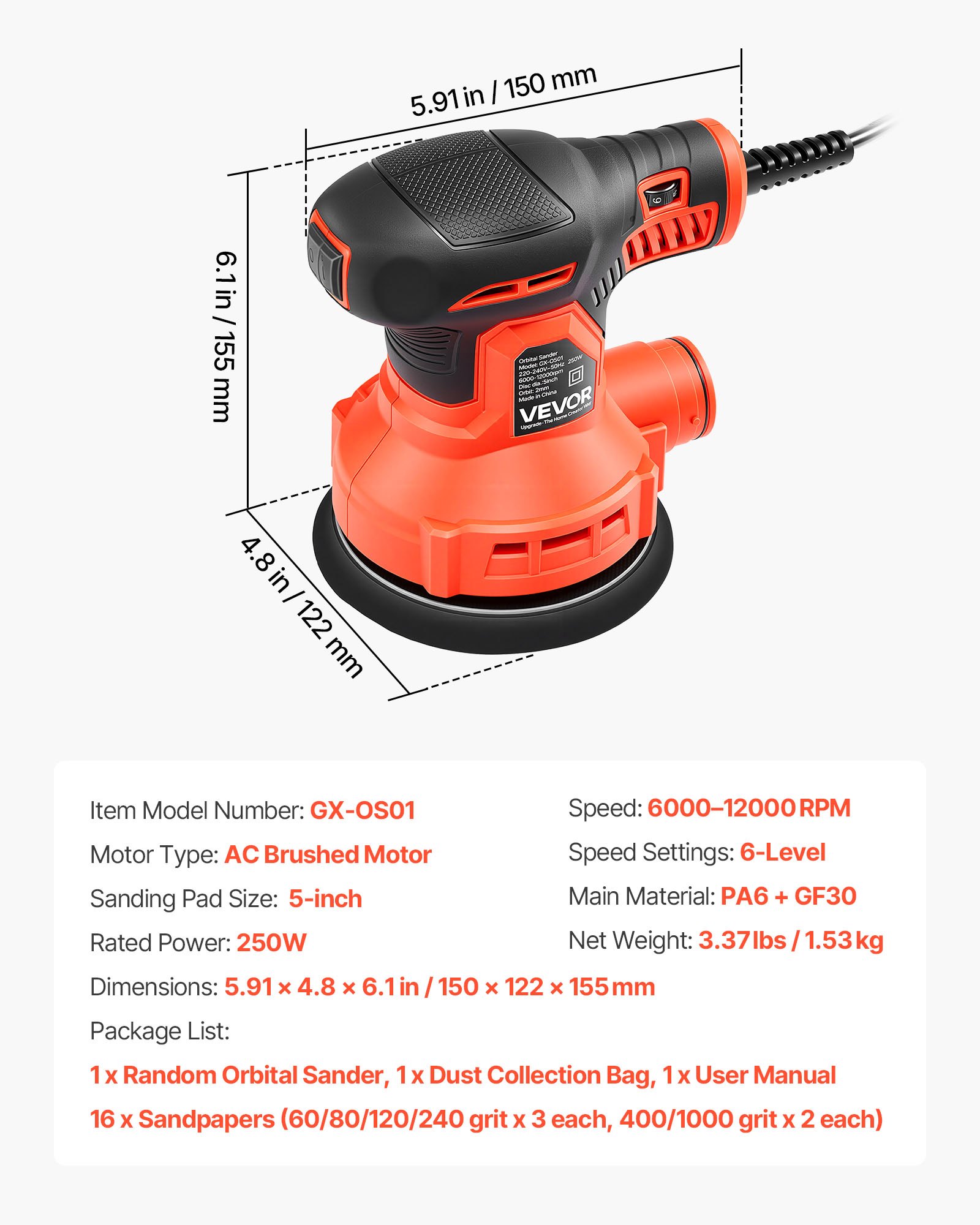 VEVOR 250W excentrische schuurmachine 127 mm elektrische houtschuurmachine, 6000-12000 tpm, 6-traps snelheidsregeling, 16 schuurvellen, stofzak, 3 m netsnoer, handzame schuurmachine voor houtbewerking