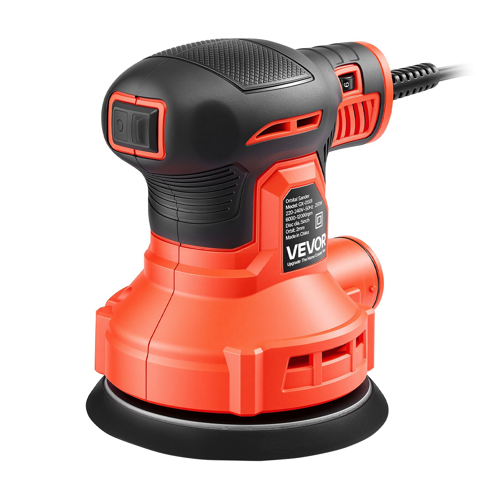 VEVOR 250W excentrische schuurmachine 127 mm elektrische houtschuurmachine, 6000-12000 tpm, 6-traps snelheidsregeling, 16 schuurvellen, stofzak, 3 m netsnoer, handzame schuurmachine voor houtbewerking