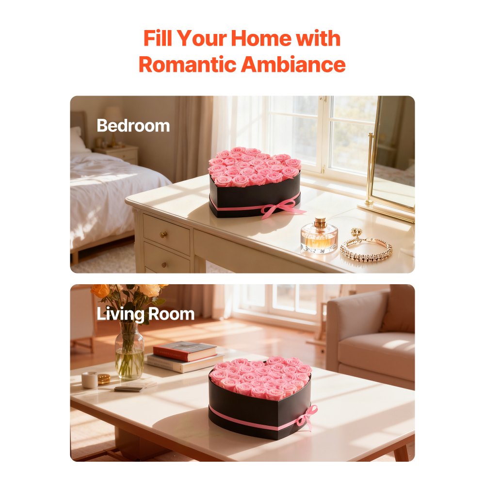 VEVOR 27 stuks Eeuwige Rozen in Hartvormige Doos, Geconserveerd Boeket, Bloemengeschenkdoos voor uw vrouw, moeders, geliefden, voor bruiloften, Moederdag, Valentijnsdag, Kerstmis, Roze