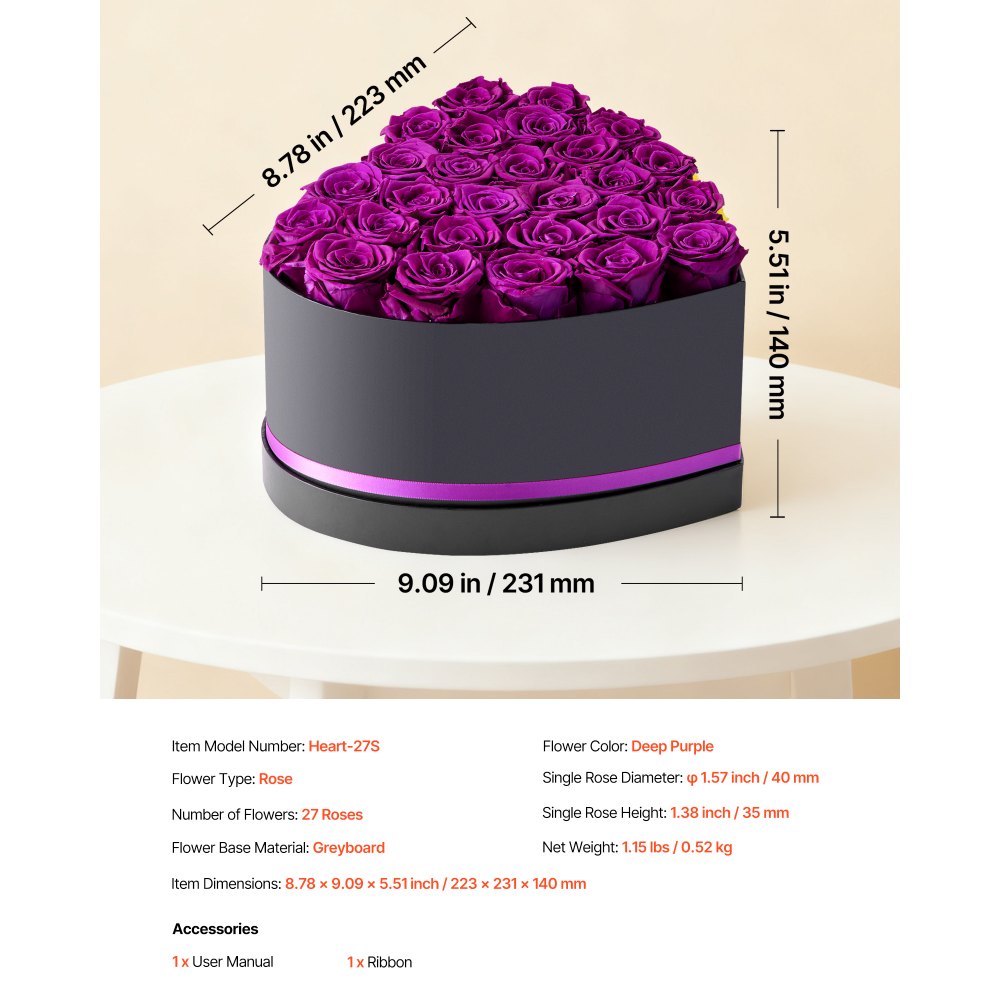 VEVOR 27x Eeuwige Rozen in Hartvormige Doos, Geconserveerd Boeket, Bloemengeschenkdoos voor Uw Vrouw, Moeders, Geliefden, voor Bruiloften, Moederdag, Valentijnsdag, Kerstmis, Donkerpaars