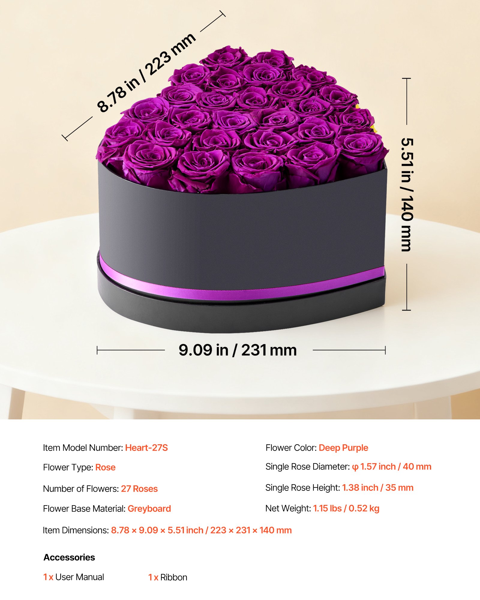 VEVOR 27x Eeuwige Rozen in Hartvormige Doos, Geconserveerd Boeket, Bloemengeschenkdoos voor Uw Vrouw, Moeders, Geliefden, voor Bruiloften, Moederdag, Valentijnsdag, Kerstmis, Donkerpaars