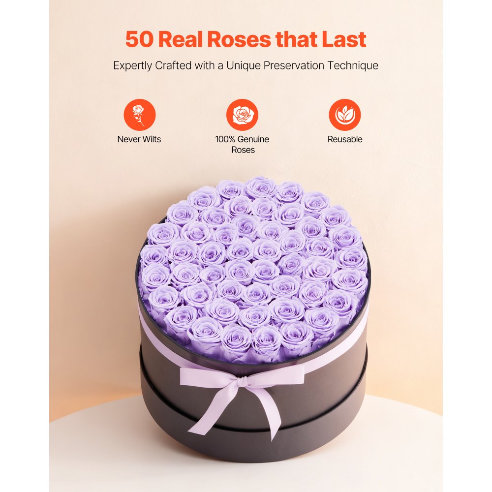 VEVOR 50x Eeuwige Rozen in een ronde doos, geconserveerd boeket, bloemengeschenkdoos voor uw vrouw, moeders, geliefden, voor bruiloften, Moederdag, Valentijnsdag, Kerstmis, lavendelpaars