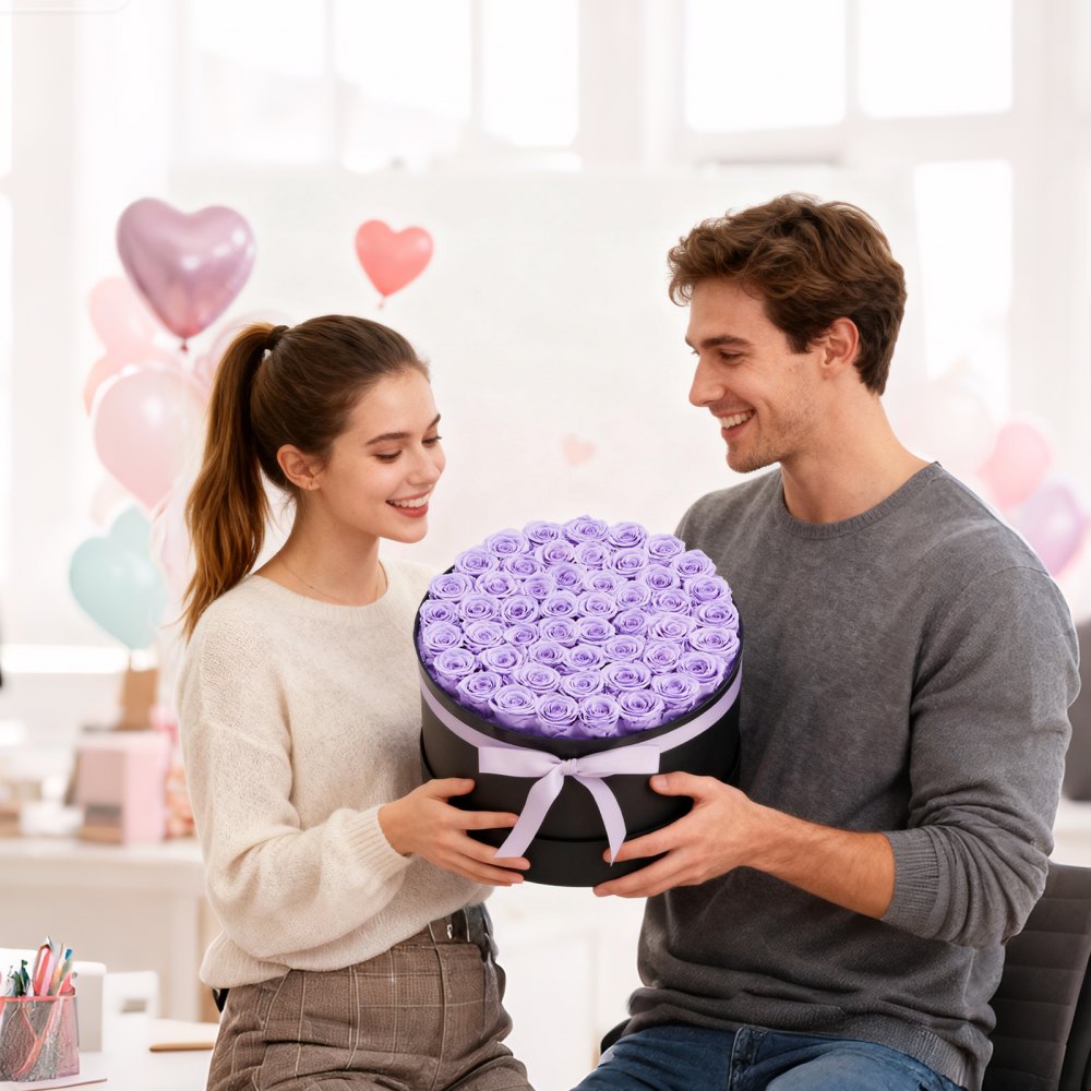 VEVOR 50x Eeuwige Rozen in een ronde doos, geconserveerd boeket, bloemengeschenkdoos voor uw vrouw, moeders, geliefden, voor bruiloften, Moederdag, Valentijnsdag, Kerstmis, lavendelpaars