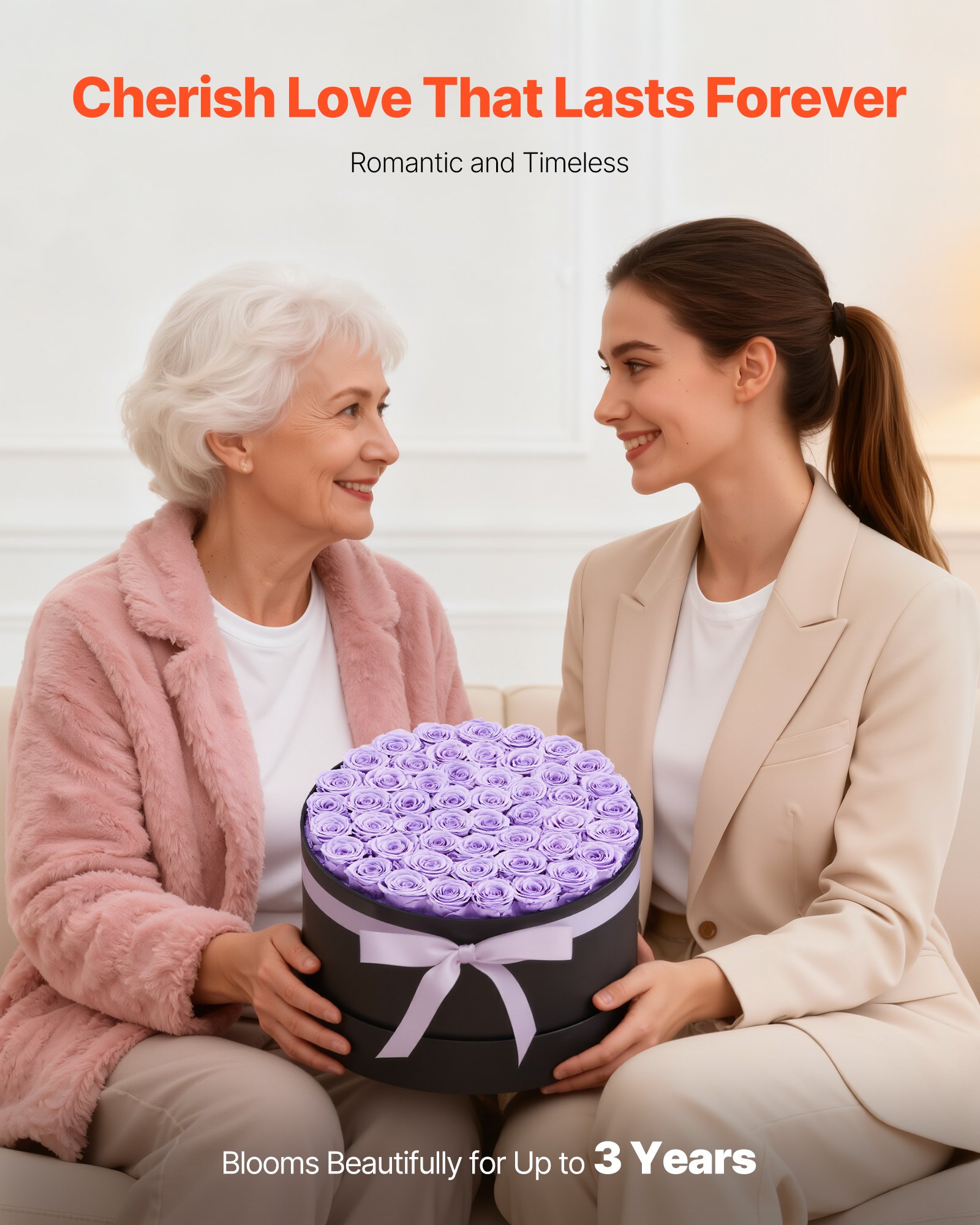 VEVOR 50x Eeuwige Rozen in een ronde doos, geconserveerd boeket, bloemengeschenkdoos voor uw vrouw, moeders, geliefden, voor bruiloften, Moederdag, Valentijnsdag, Kerstmis, lavendelpaars