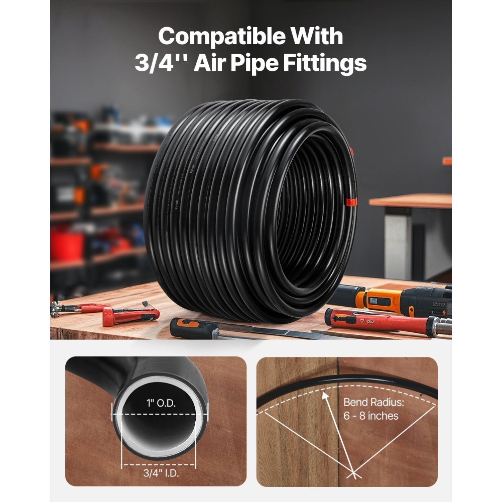VEVOR Luchtcompressor Leidingkit, 60,96 m x 19,05 mm Persluchtslang, HDPE Aluminium Persluchtleidingsysteem, Eenvoudig te installeren, Persluchtleidingkit voor Garagewerkplaatsen, Zwart