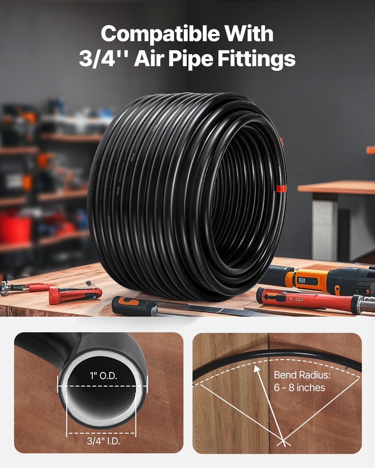 VEVOR Luchtcompressor Leidingkit, 60,96 m x 19,05 mm Persluchtslang, HDPE Aluminium Persluchtleidingsysteem, Eenvoudig te installeren, Persluchtleidingkit voor Garagewerkplaatsen, Zwart