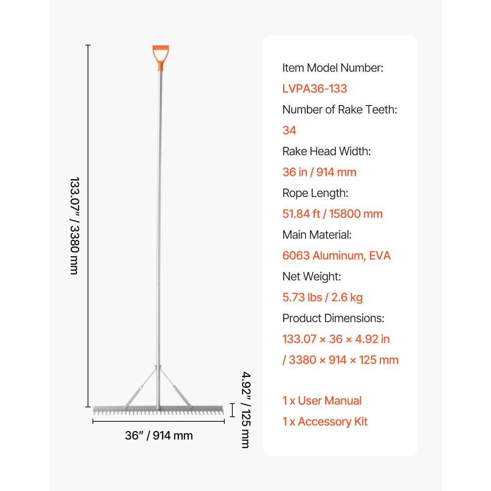 VEVOR aluminium hark, 914 mm kop, 2590 mm handvat, grote bladhark voor landschapsarchitectuur, tuinhark voor het losmaken van de grond, tuin & erf, vijvergrind & strandgazononderhoud
