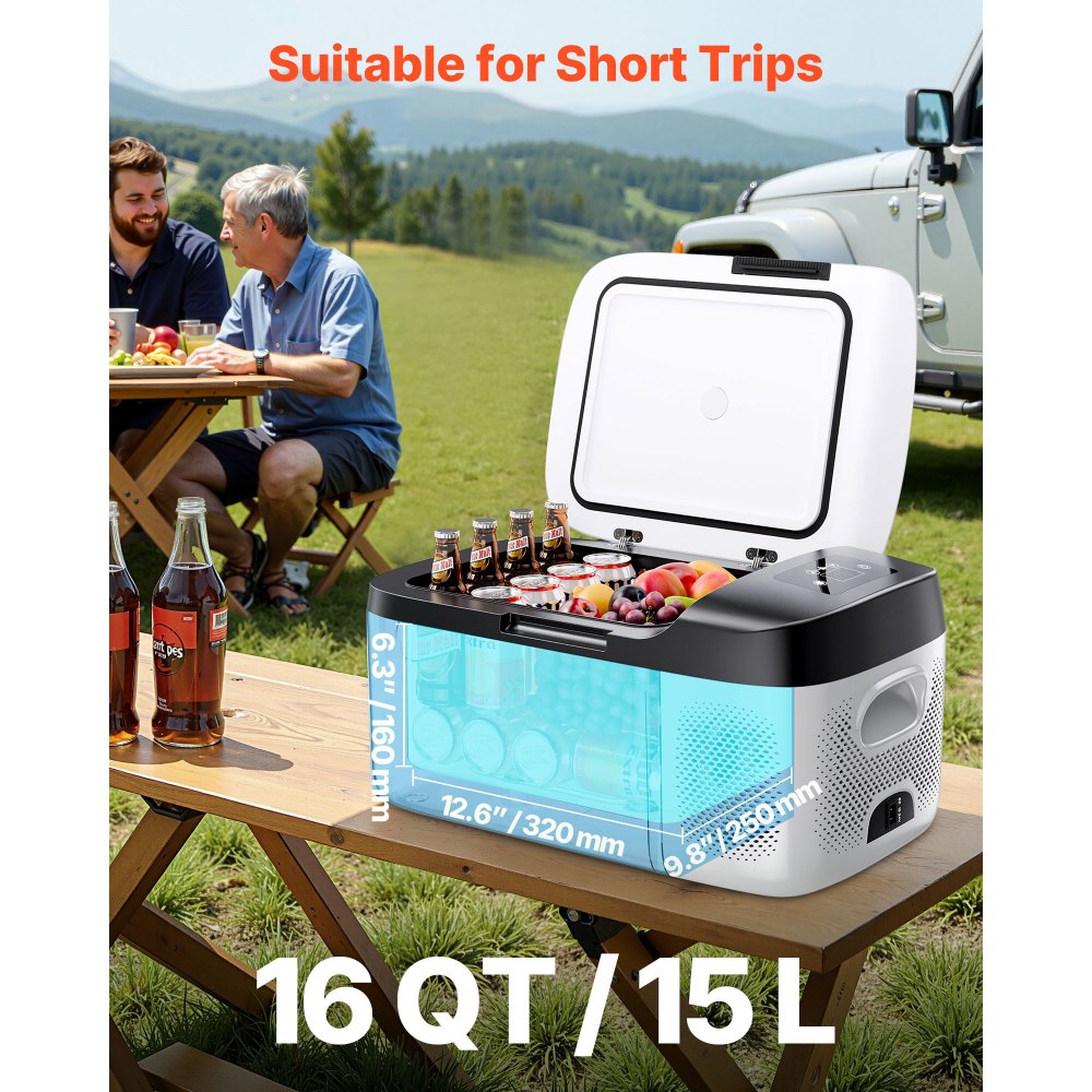 VEVOR Compressor Koelbox 15L, 12/24V DC Elektrische Vriezer met App-bediening, 100-240V AC Autokoelkast voor Kamperen, Reizen, Vrachtwagens, Vissen, 60W Thermo-elektrische Draagbare Koelbox