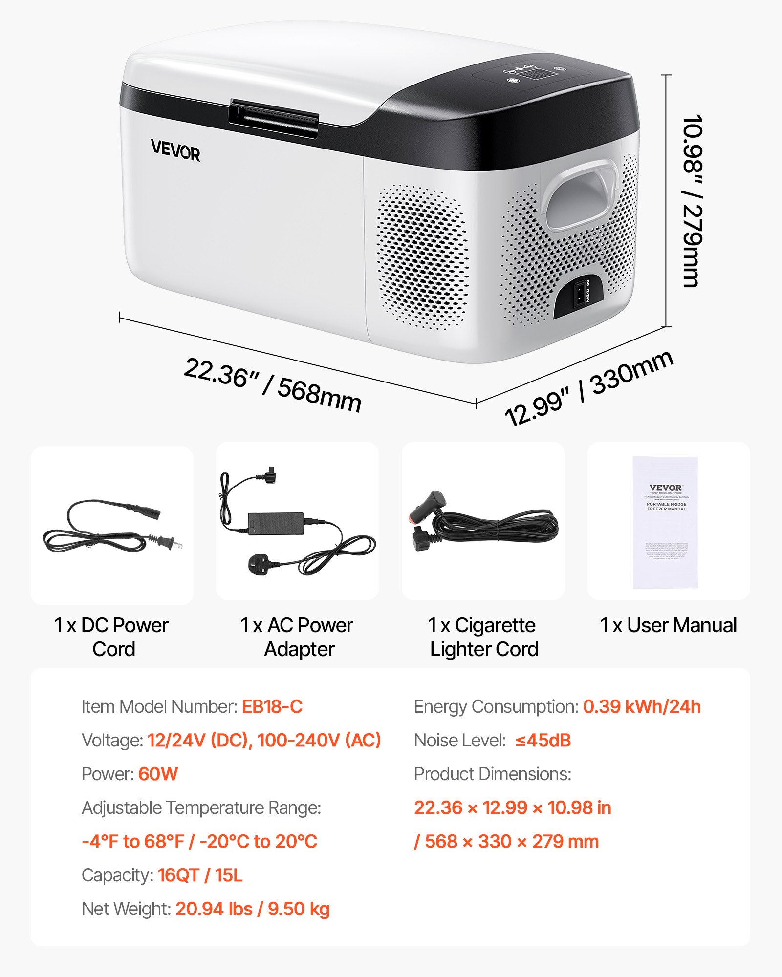 VEVOR Compressor Koelbox 15L, 12/24V DC Elektrische Vriezer met App-bediening, 100-240V AC Autokoelkast voor Kamperen, Reizen, Vrachtwagens, Vissen, 60W Thermo-elektrische Draagbare Koelbox