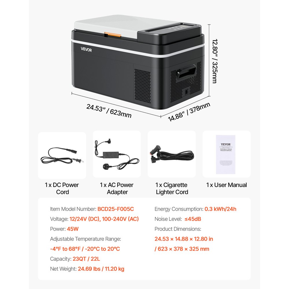 VEVOR Compressor Koelbox 22 L, 12/24V DC Elektrische Vriezer met App-bediening, 100–240V AC Autokoelkast voor Kamperen, Reizen, Vrachtwagens, Vissen, 45W Thermo-elektrische Draagbare Koelbox