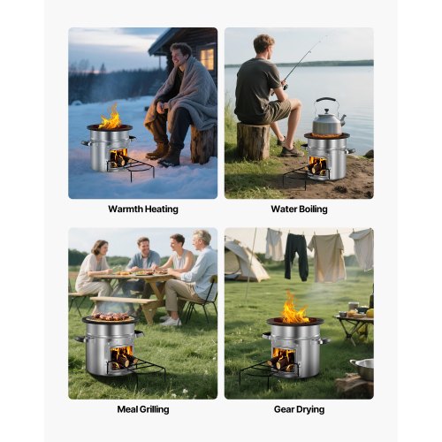 Camping houtkachel, roestvrij staal compacte draagbare opvouwbare camping met asvanger, grillrooster, opbergtas voor backpacken, wandelen, kamperen, koken, barbecue, picknick (zilver groot
