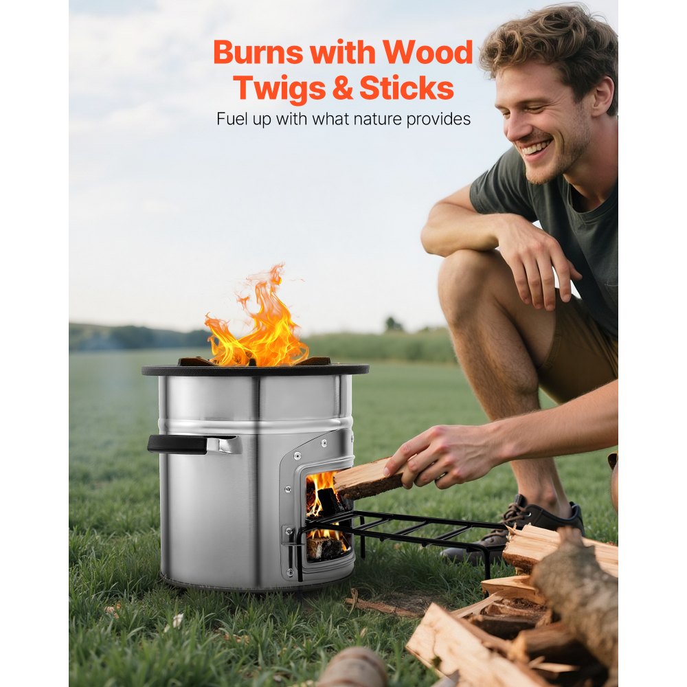 VEVOR Rocket Stove, BBQ Rocket houtkachel met draagtas, roestvrij staal, enkele deur, voor het verbranden van takjes, stokjes of houtskool voor koken in de buitenlucht, kamperen, buitenkachel, campinggrill