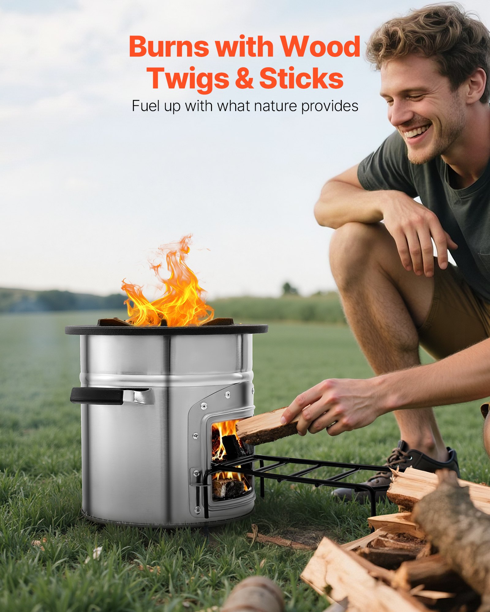 VEVOR Rocket Stove, BBQ Rocket houtkachel met draagtas, roestvrij staal, enkele deur, voor het verbranden van takjes, stokjes of houtskool voor koken in de buitenlucht, kamperen, buitenkachel, campinggrill