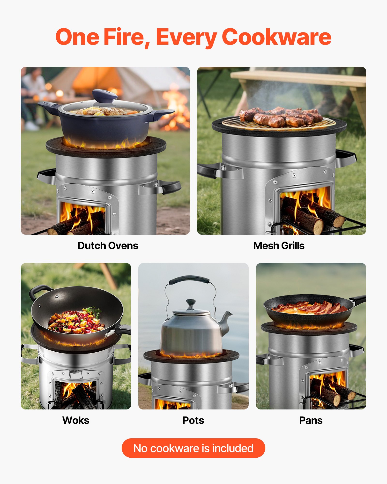 VEVOR Rocket Stove, BBQ Rocket houtkachel met draagtas, roestvrij staal, enkele deur, voor het verbranden van takjes, stokjes of houtskool voor koken in de buitenlucht, kamperen, buitenkachel, campinggrill