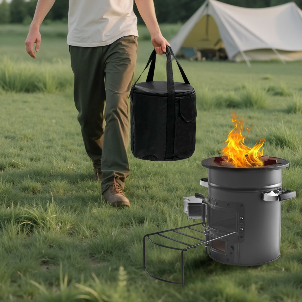 VEVOR Rocket Stove, BBQ Rocket houtkachel met draagtas, SPCC staal, dubbele deur, voor het verbranden van takken, stokken of houtskool voor koken in de buitenlucht, campingkachel voor buiten, campinggrill