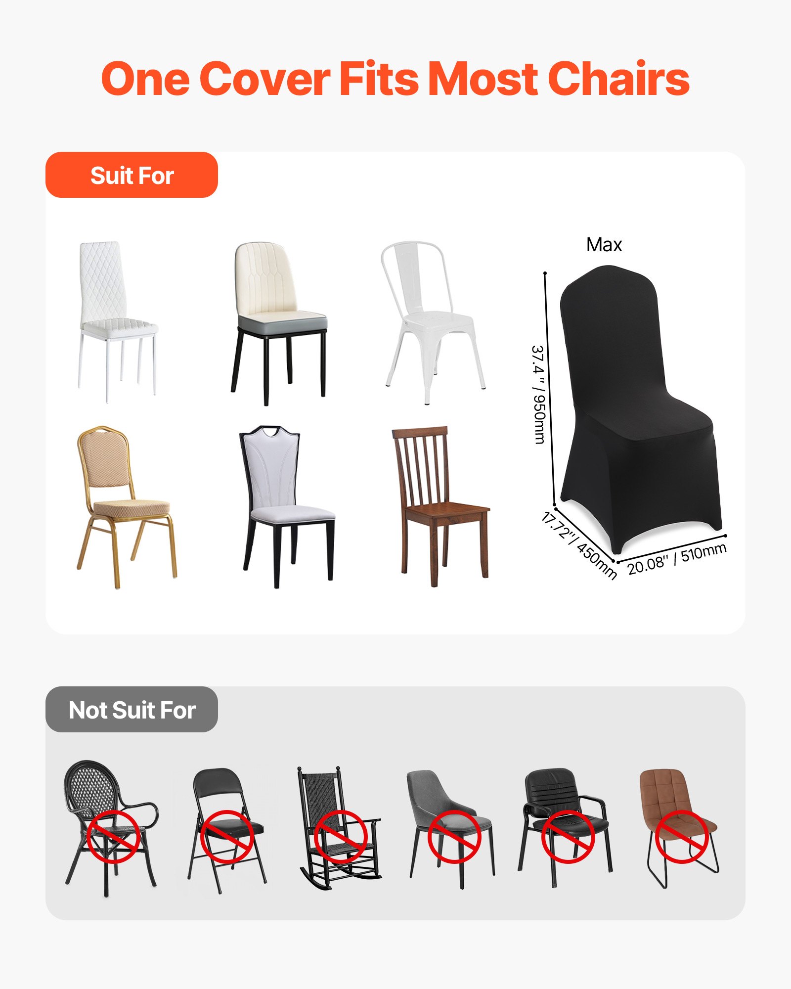 VEVOR stoelhoezen, 100 stuks, wasbare en afneembare stoelhoezen van polyester-spandex voor bruiloften, diners, banketten en restaurants, geschikt voor stoelen (51 x 45 x 95 cm), zwart