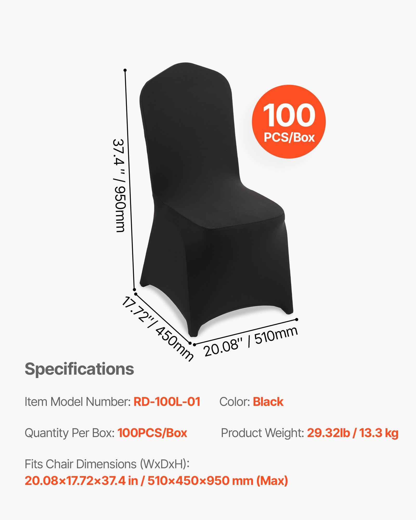 VEVOR stoelhoezen, 100 stuks, wasbare en afneembare stoelhoezen van polyester-spandex voor bruiloften, diners, banketten en restaurants, geschikt voor stoelen (51 x 45 x 95 cm), zwart