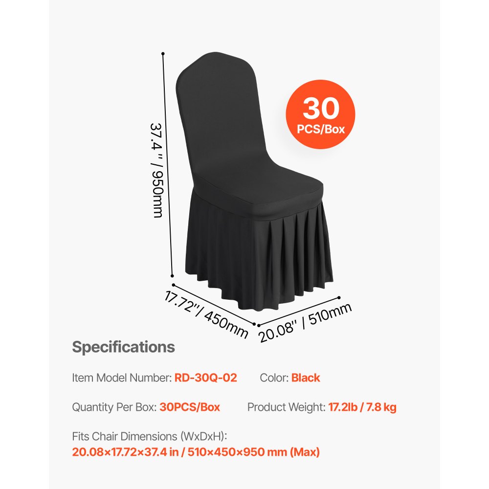 VEVOR 30 x stoelhoezen, platte voorkant stretch, wasbaar en afneembaar polyester-spandex stoelhoezen voor bruiloftsfeesten, geschikt voor stoelen (51 x 45 x 95 cm) zwart