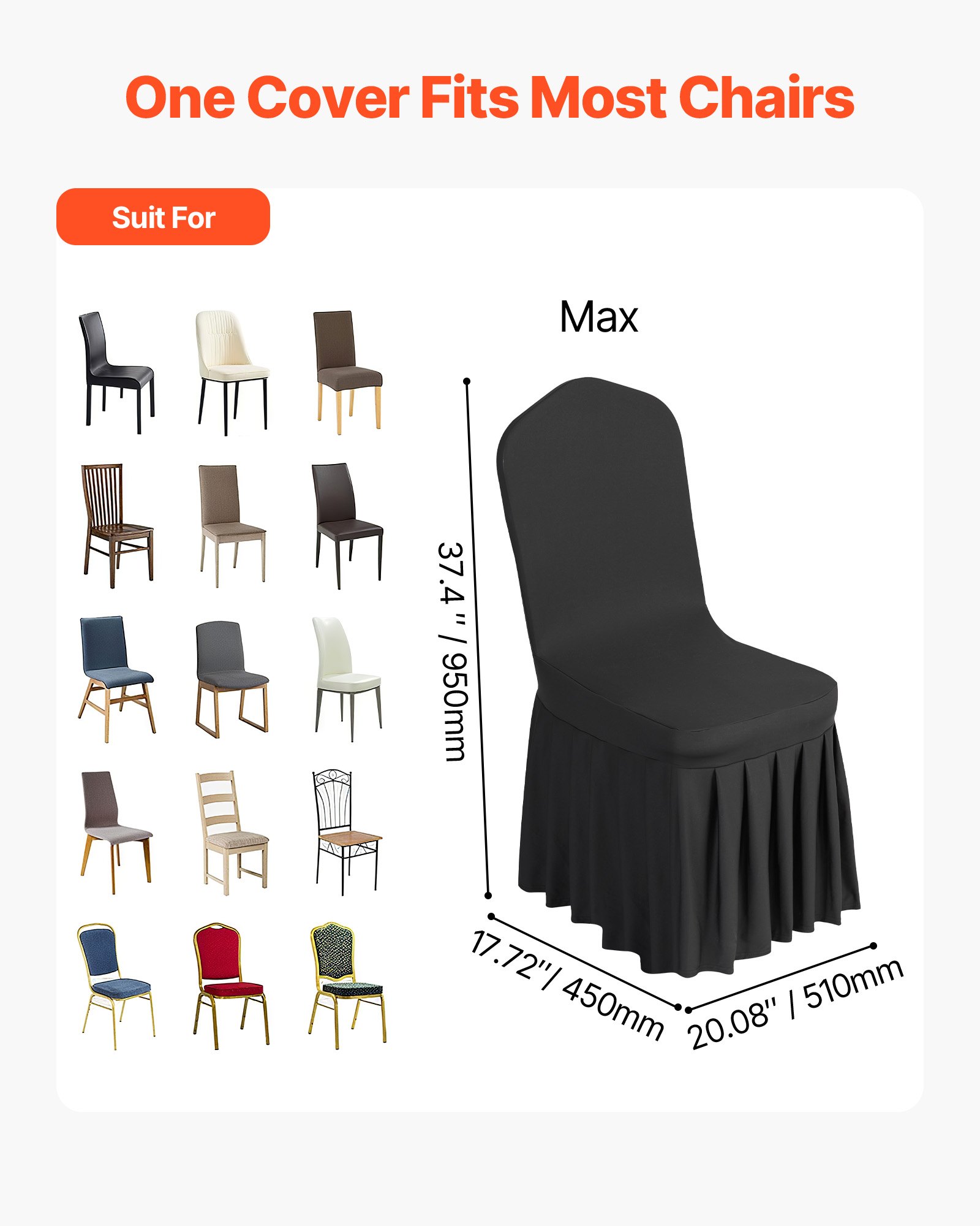 VEVOR 30 x stoelhoezen, platte voorkant stretch, wasbaar en afneembaar polyester-spandex stoelhoezen voor bruiloftsfeesten, geschikt voor stoelen (51 x 45 x 95 cm) zwart