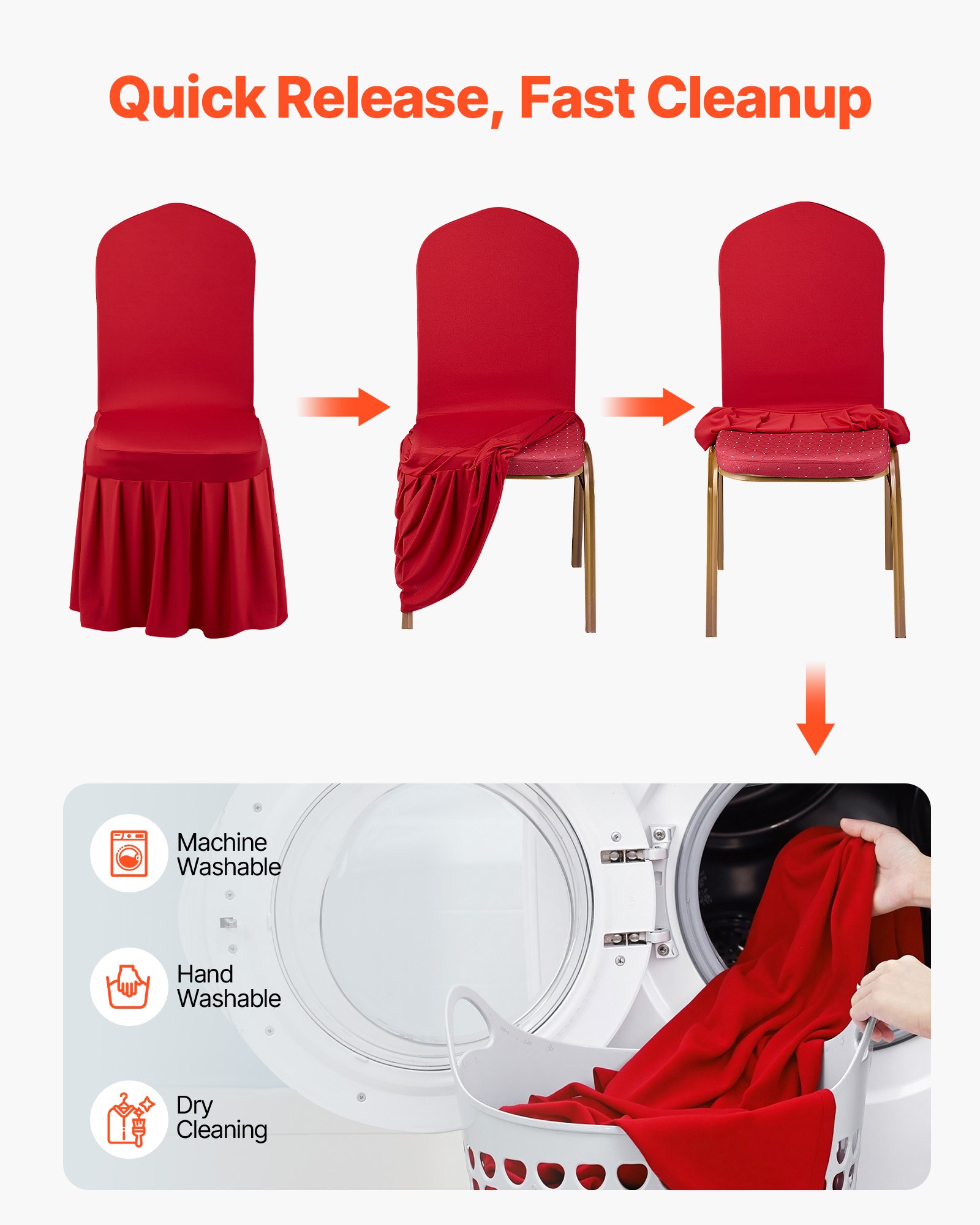 VEVOR stoelhoezen, platte voorkant, 30 stuks, wasbare en afneembare stoelhoezen van polyester-spandex voor bruiloften en restaurants, geschikt voor stoelen (51 x 45 x 95 cm), rood