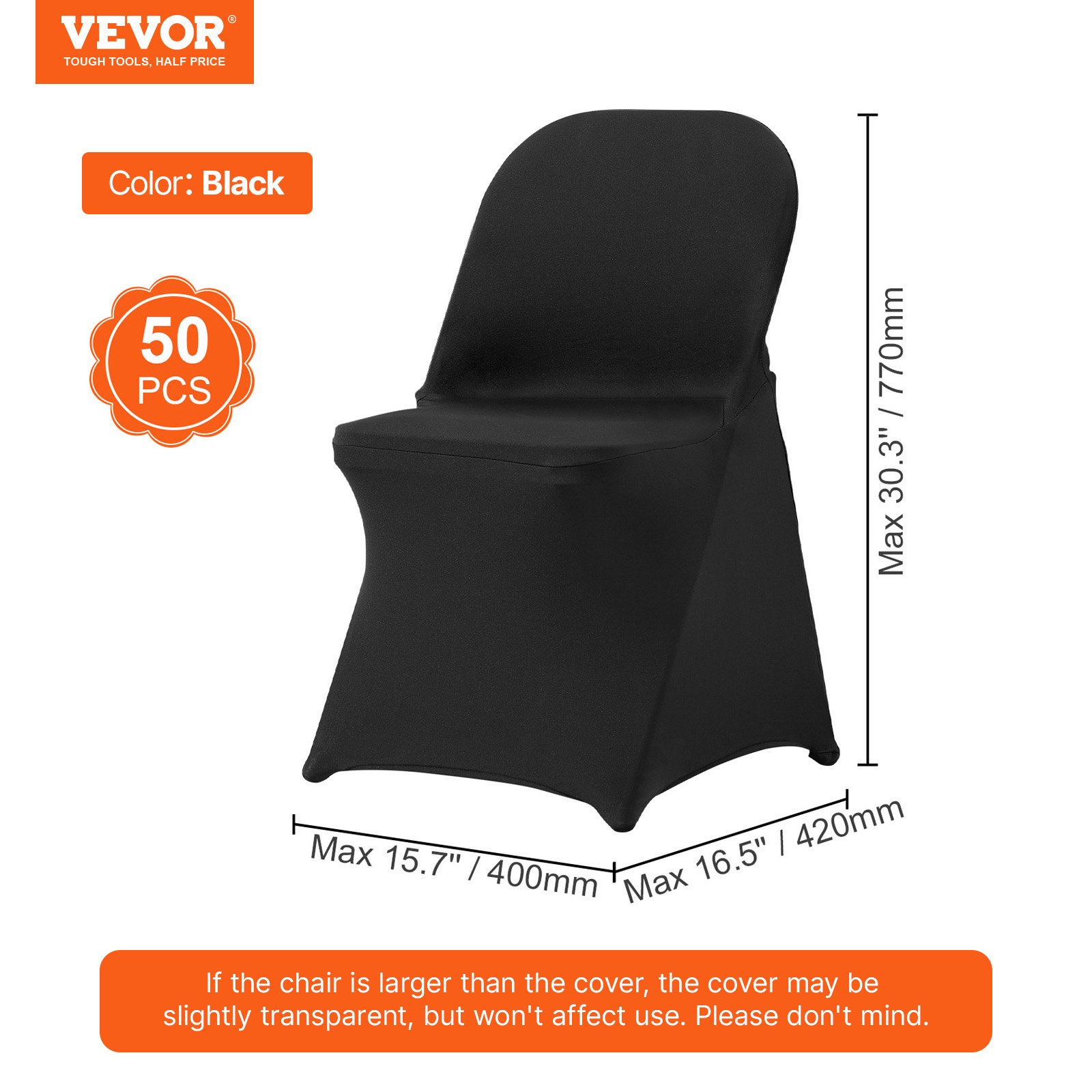 VEVOR Stretch Spandex stoelhoezen voor klapstoelen, universele pasvorm, korte voorkant, afneembare en wasbare hoezen, voor bruiloften, feestdagen, feesten, vieringen, (50 stuks, zwart)