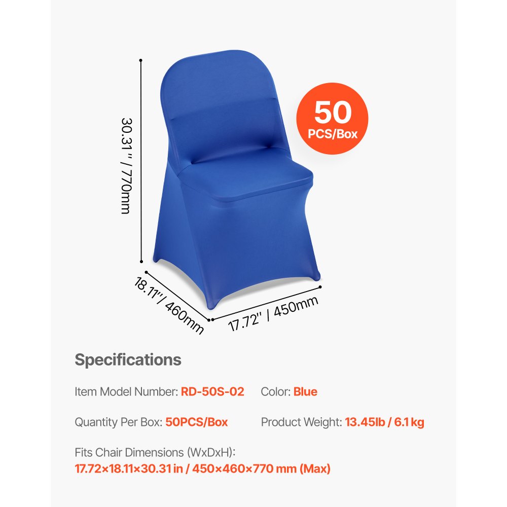VEVOR stoelhoezen, stretch stoelhoezen, 50 stuks, wasbare en afneembare stoelhoezen van polyester-spandex voor bruiloften en diners, geschikt voor klapstoelen (45 x 46 x 77 cm), blauw