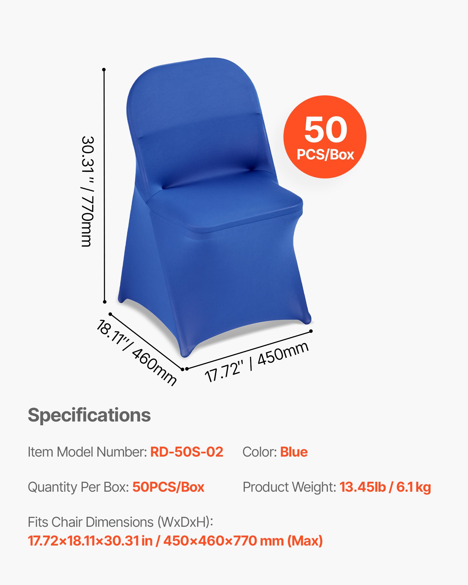 VEVOR stoelhoezen, stretch stoelhoezen, 50 stuks, wasbare en afneembare stoelhoezen van polyester-spandex voor bruiloften en diners, geschikt voor klapstoelen (45 x 46 x 77 cm), blauw