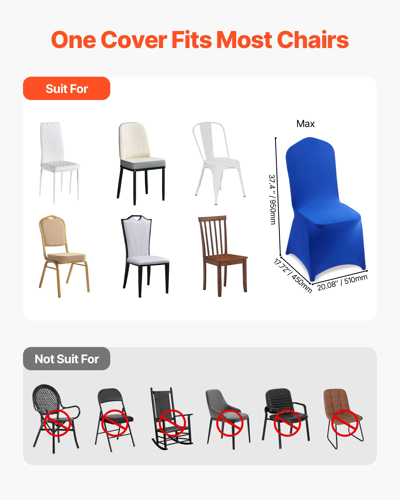 VEVOR stoelhoezen, 50 stuks, wasbare en afneembare stoelhoezen van polyester-spandex voor bruiloften, diners, banketten en restaurants, geschikt voor stoelen (51 x 45 x 95 cm), koningsblauw