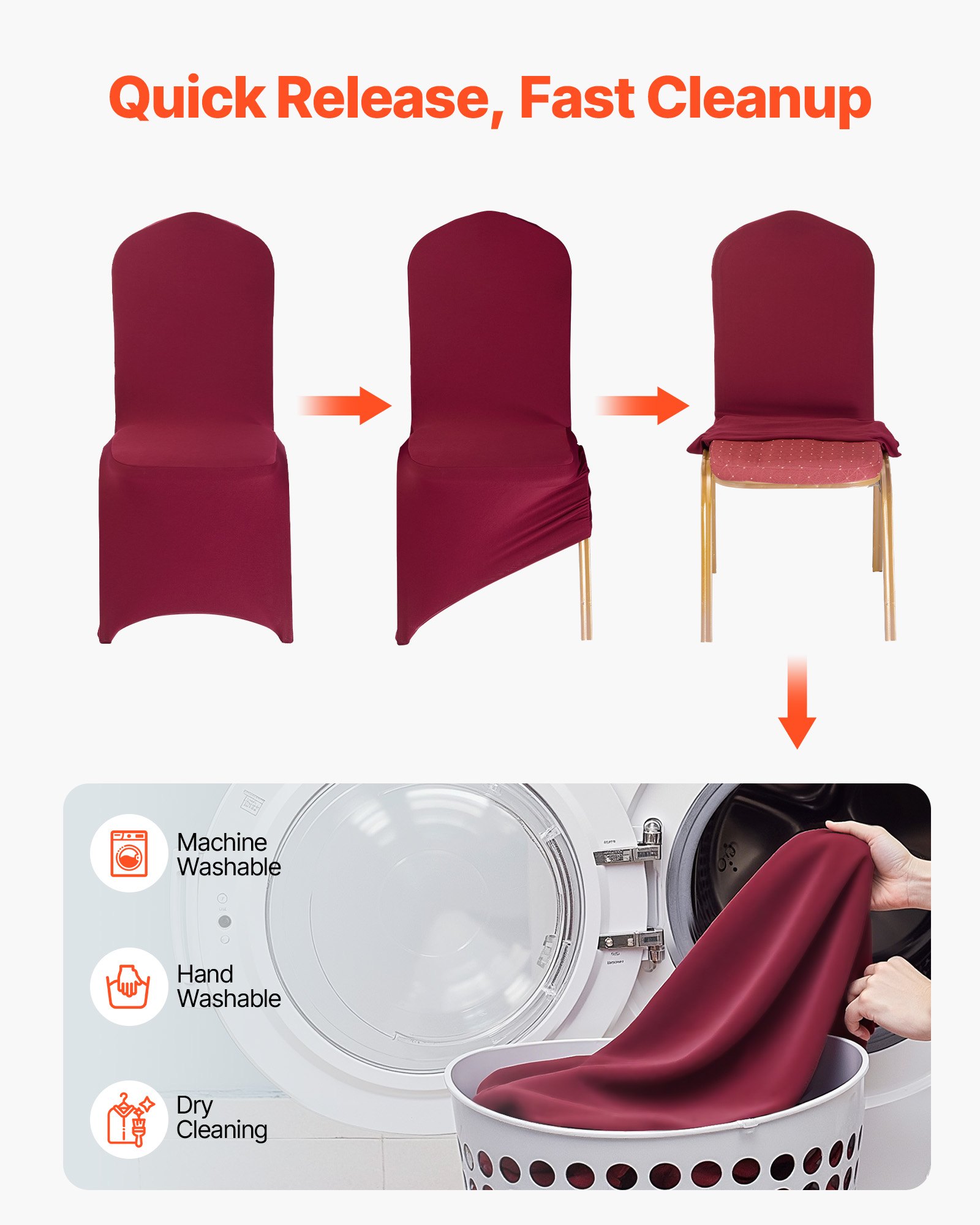 VEVOR stoelhoezen, 50 stuks, wasbare en afneembare stoelhoezen van polyester-spandex voor bruiloften, diners, banketten en restaurants, geschikt voor stoelen (51 x 45 x 95 cm), bordeauxrood