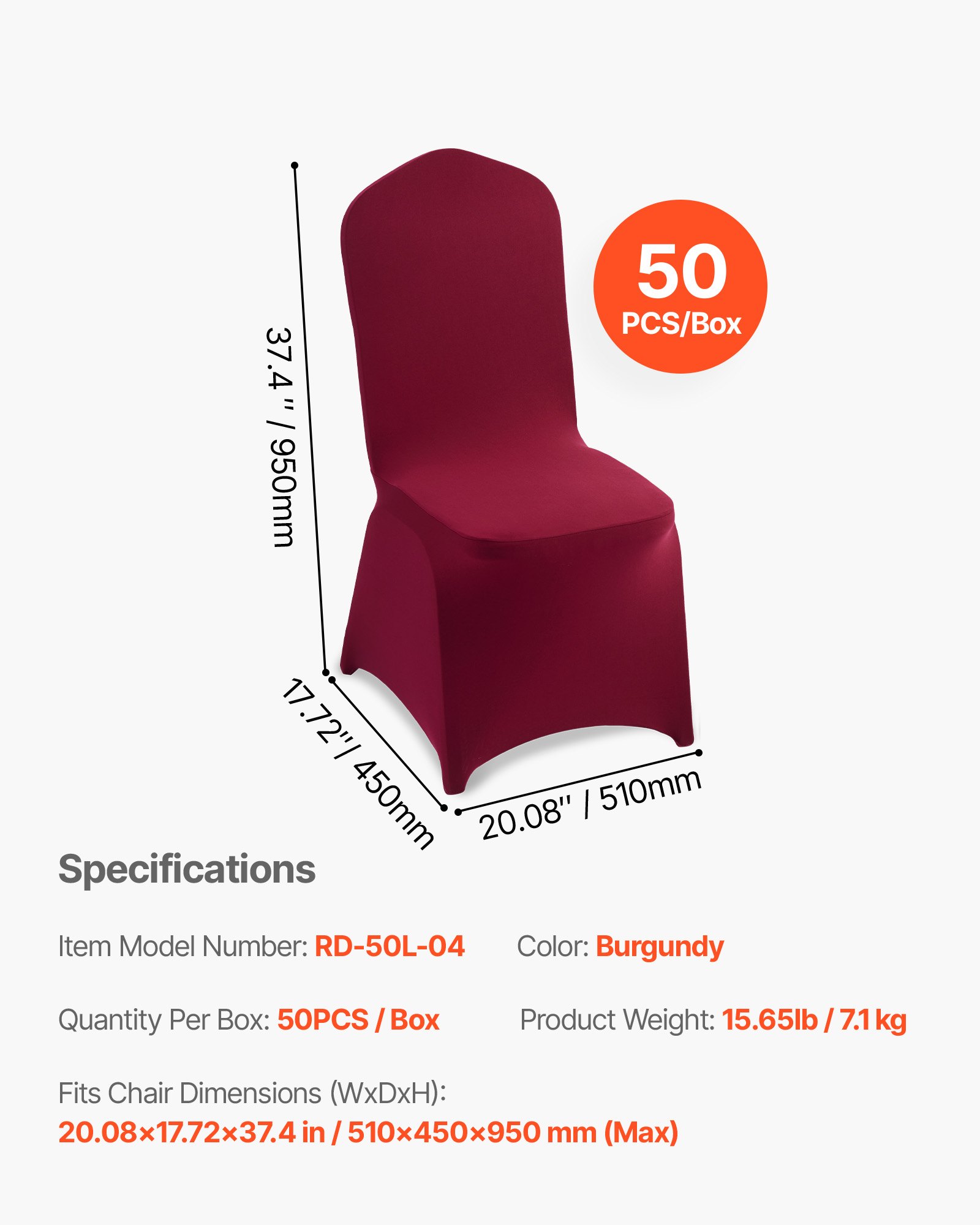 VEVOR stoelhoezen, 50 stuks, wasbare en afneembare stoelhoezen van polyester-spandex voor bruiloften, diners, banketten en restaurants, geschikt voor stoelen (51 x 45 x 95 cm), bordeauxrood