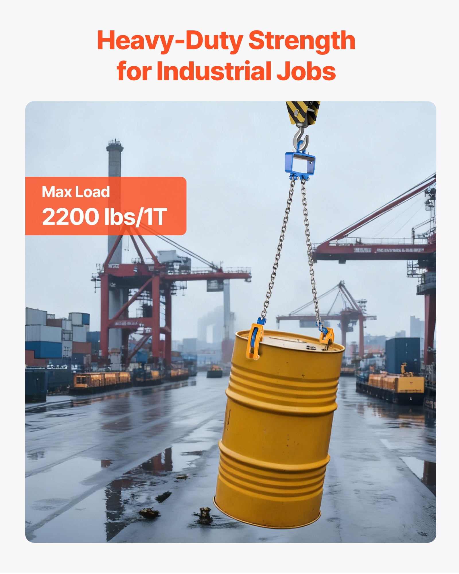 VEVOR kettingvatenlifter, G80 vatenliftketting met veiligheidshaak, vatentransport met een capaciteit van 1 ton, uitrusting geschikt voor kraanheftrucks, vatenlifter van koolstofstaal voor kunststof en metalen vaten