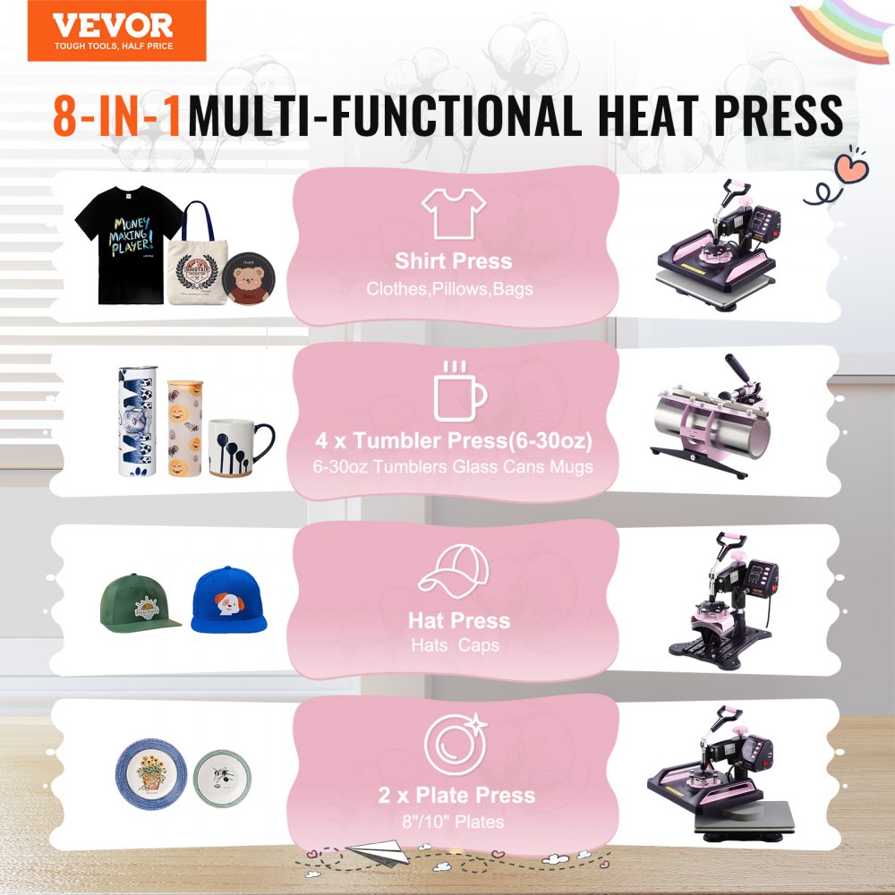 VEVOR Heat Press Machine, 12 x 15 inch, 8 in 1 Heat Transfer Machine with 30 oz Tumbler Press, 360° Swing Away Digital T-Shirt Pressing, Teflon Coating, for T-Shirts/Mugs/Hats/Plates, Black+Pink