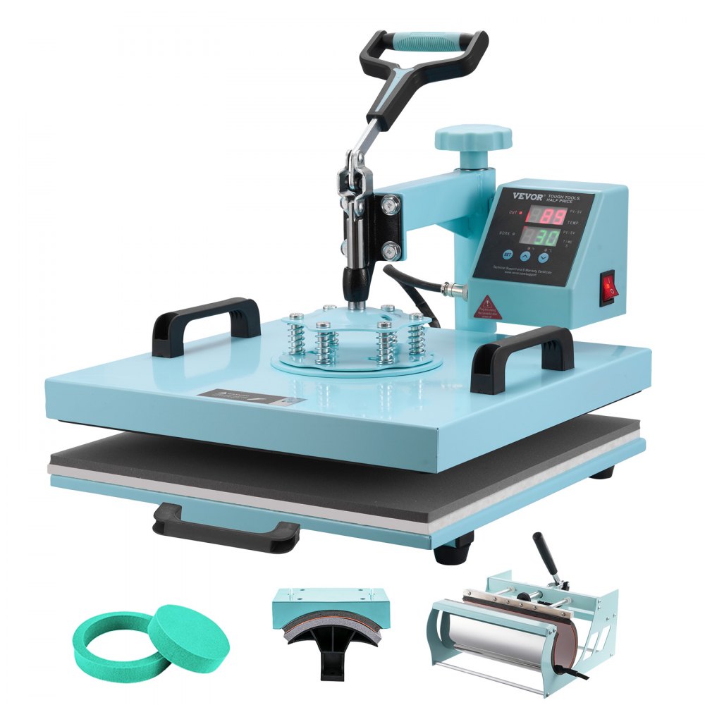 VEVOR Heat Press, 15 x 15 inch, 5-in-1 warmteoverdrachtsmachine met 30 oz Tumbler Press, 360° wegzwenkbare T-shirtpers, digitale nauwkeurige controle, voor T-shirts/mokken/hoeden/borden, groen