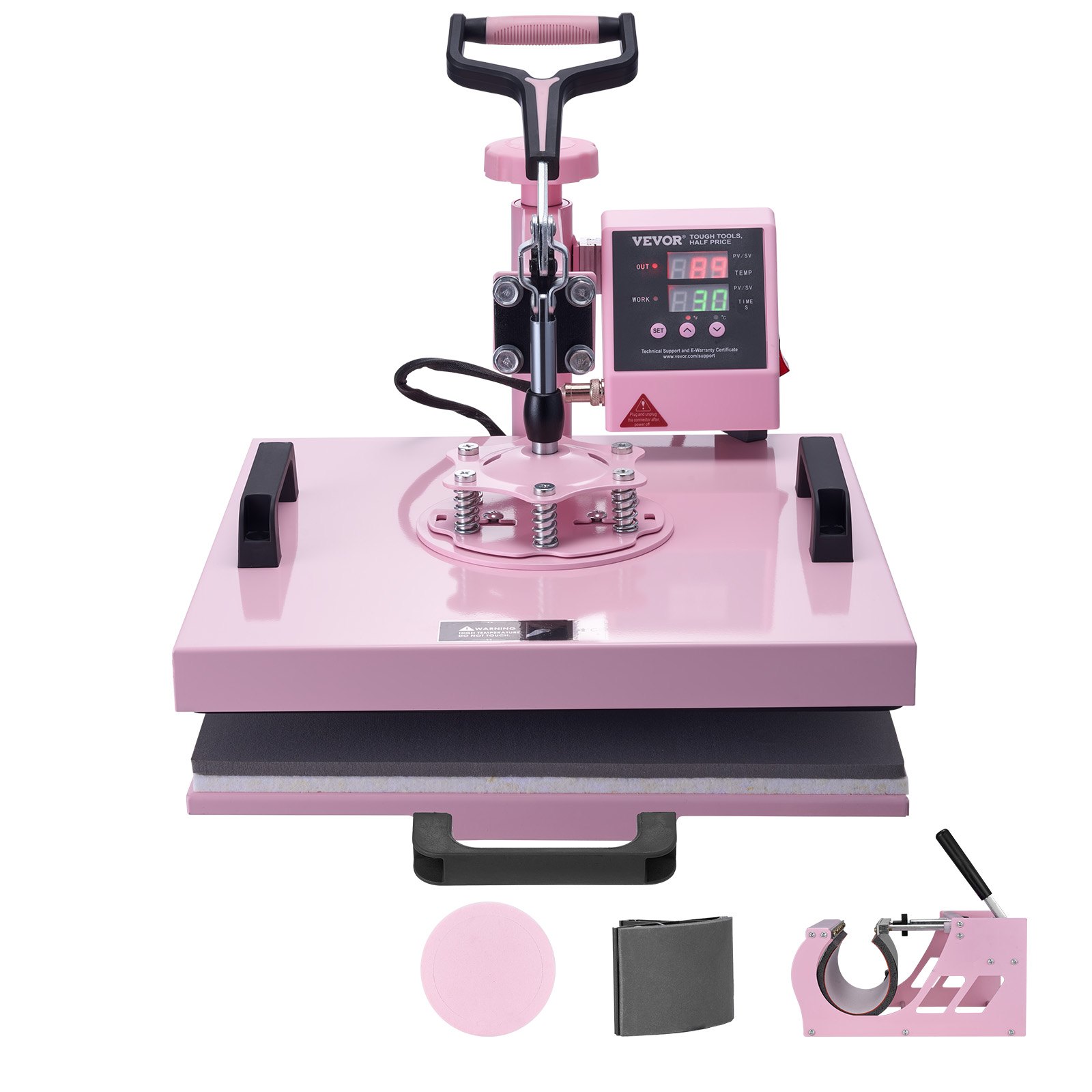 VEVOR Heat Press, 15 x 15 inch, 5-in-1 warmteoverdrachtsmachine met 30 oz Tumbler Press, 360° wegzwenkbare T-shirtpers, digitale precisieregeling, voor T-shirts/mokken/hoeden/borden, roze