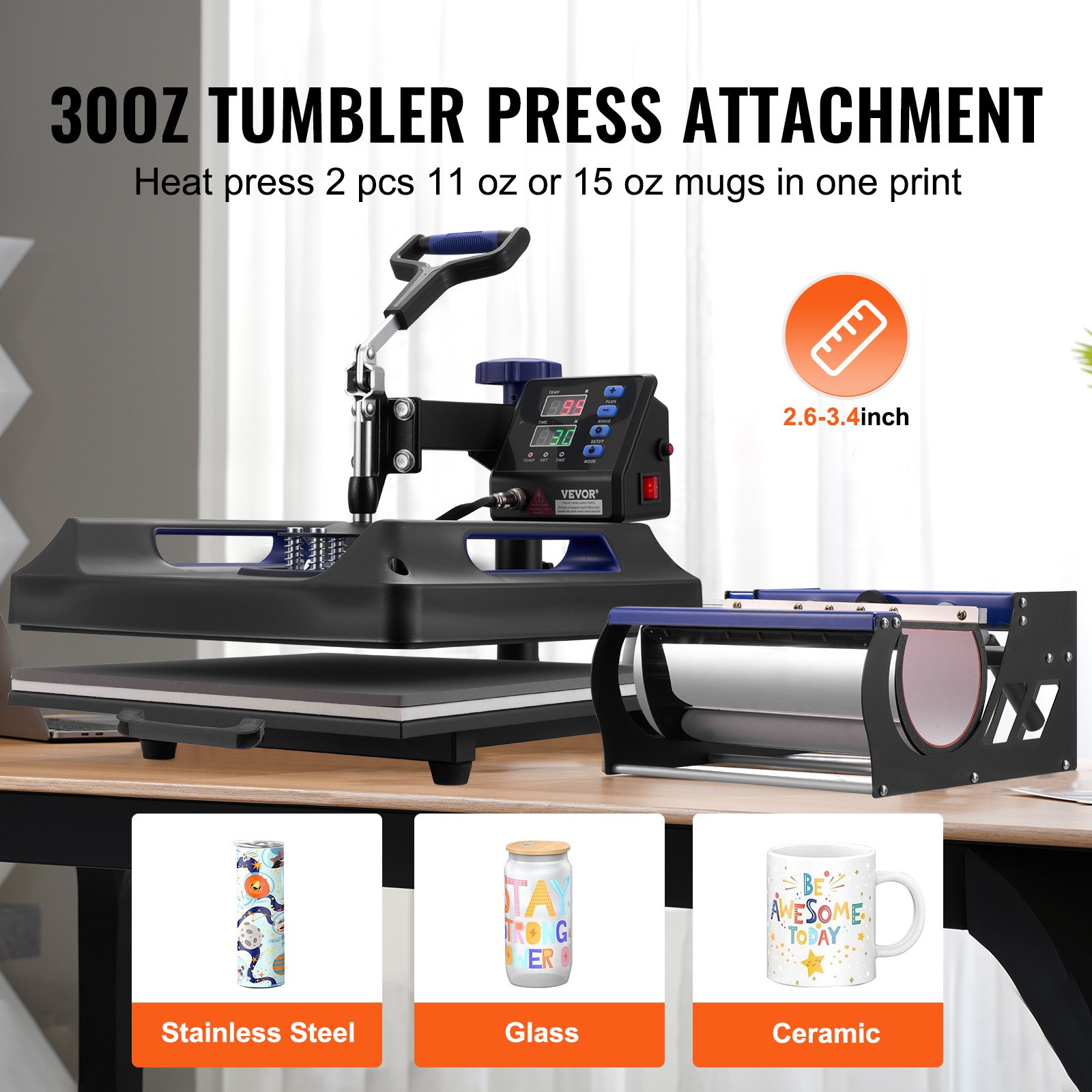 VEVOR Heat Press Machine, 15 x 15 inch, 5 in 1 Heat Transfer Machine with 30 oz Tumbler Press, 360° Swing Away Digital T-Shirt Pressing, Teflon Coating, for T-Shirts/Mugs/Hats/Plates, Black+Blue