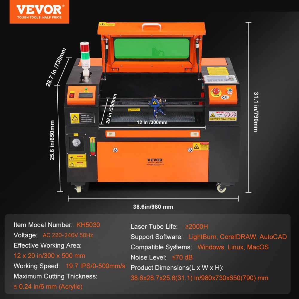 VEVOR 50W CO2 Laser Engraver, 12 x 20 in, 19.7 IPS Laser Cutter Machine with 2-Way Pass Air Assist, Compatible with LightBurn, CorelDRAW, AutoCAD, Windows, Mac OS, Linux, for Wood Acrylic Fabric More