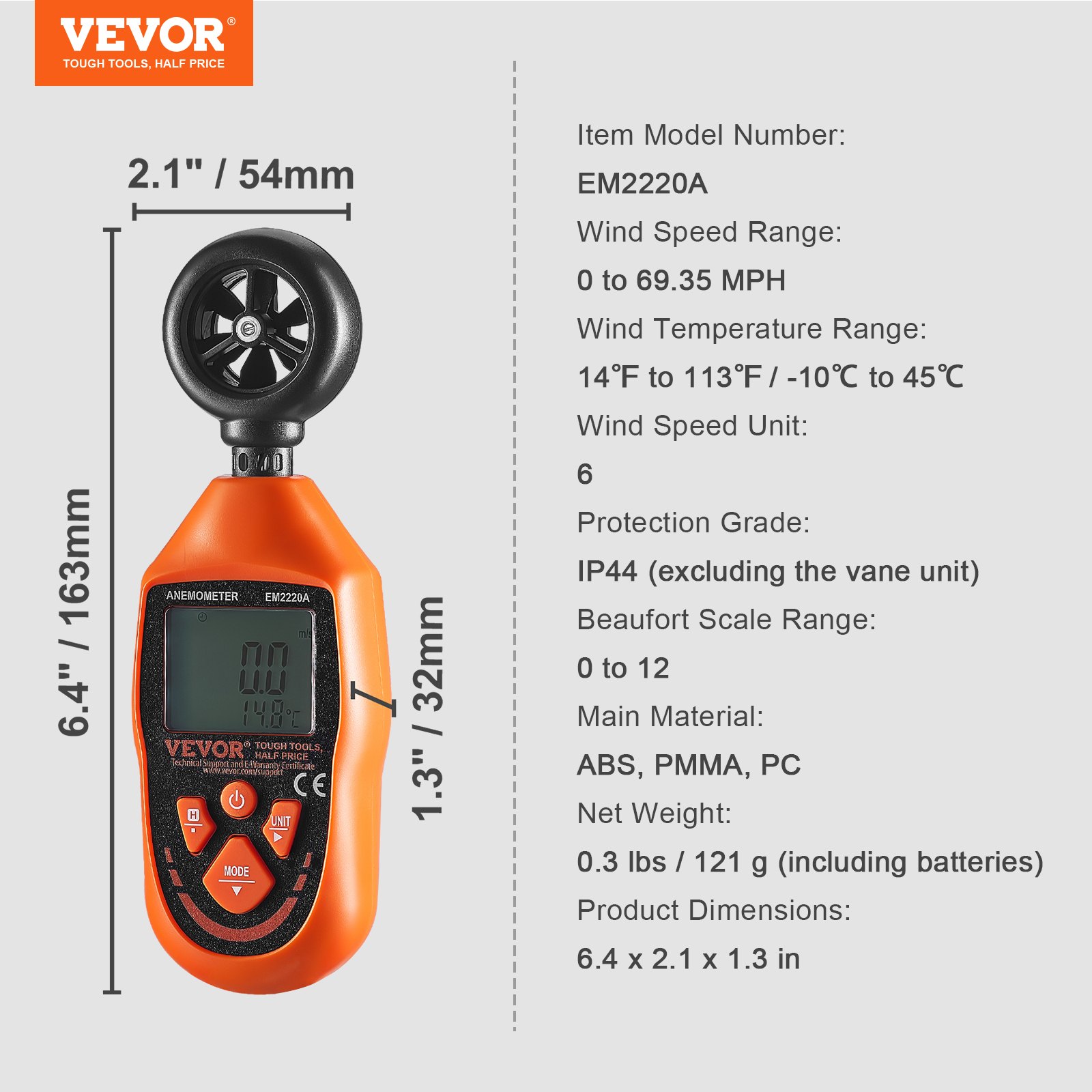VEVOR Anemometer 69,35 MPH Luchtsnelheidsmeter 163x54x32mm Windmeter IP44 Windmeter Anemometer MAX/MIN/AVG/CU Windsnelheidsgegevens -10-45℃ Luchtsnelheidsmeter
