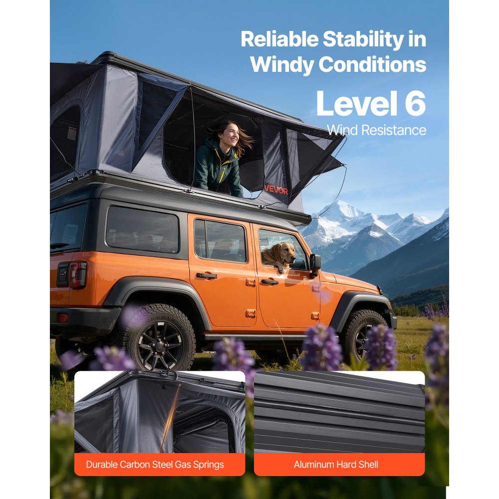 VEVOR Hard Shell Daktent voor 2-3 Personen, Aluminium Kampeertent met Driekleurige LED-verlichting & 2 Ramen, Waterdicht & Winddicht, voor Jeep SUV Pick-up 212 x 132 x 95 cm (uitgeklapt)