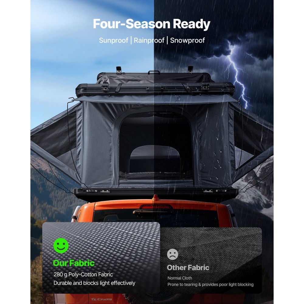 VEVOR Hard Shell Daktent voor 2-3 Personen, Aluminium Kampeertent met Driekleurige LED-verlichting & 2 Ramen, Waterdicht & Winddicht, voor Jeep SUV Pick-up 212 x 132 x 95 cm (uitgeklapt)