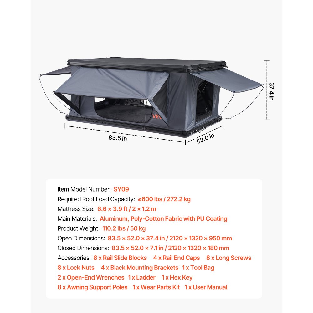 VEVOR Hard Shell Daktent voor 2-3 Personen, Aluminium Kampeertent met Driekleurige LED-verlichting & 2 Ramen, Waterdicht & Winddicht, voor Jeep SUV Pick-up 212 x 132 x 95 cm (uitgeklapt)