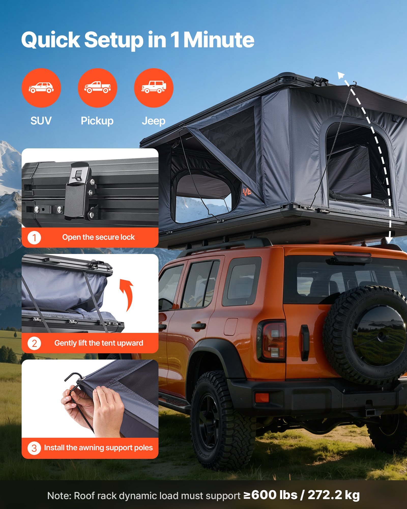 VEVOR Hard Shell Daktent voor 2-3 Personen, Aluminium Kampeertent met Driekleurige LED-verlichting & 2 Ramen, Waterdicht & Winddicht, voor Jeep SUV Pick-up 212 x 132 x 95 cm (uitgeklapt)