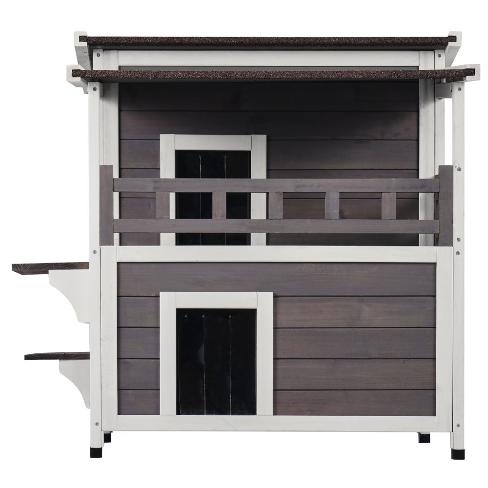 VEVOR Buitenkattenhuis, weerbestendig schuilhok voor wilde katten voor meerdere katten, groot houten buitenkattenhuis met twee verdiepingen, balkon, deuren, PVC-deurkleppen en open dak, 76 cm L x 76 cm B x 81 cm H